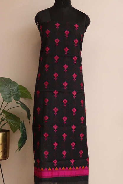 Black And Pink Banarasi Cotton Three Piece Flower Design Unstitched Suit Set - Luxurion World