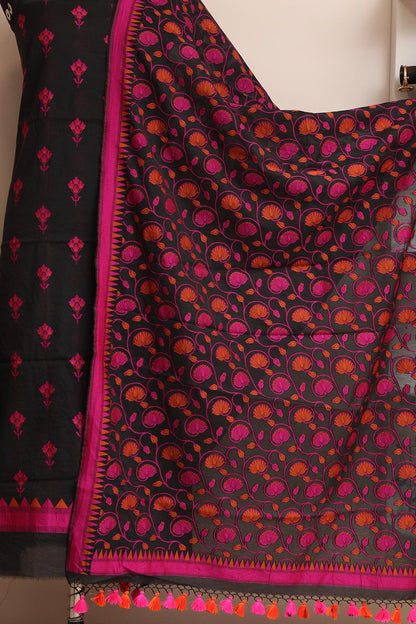 Black And Pink Banarasi Cotton Three Piece Flower Design Unstitched Suit Set - Luxurion World
