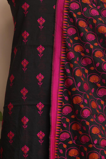 Black And Pink Banarasi Cotton Three Piece Flower Design Unstitched Suit Set - Luxurion World