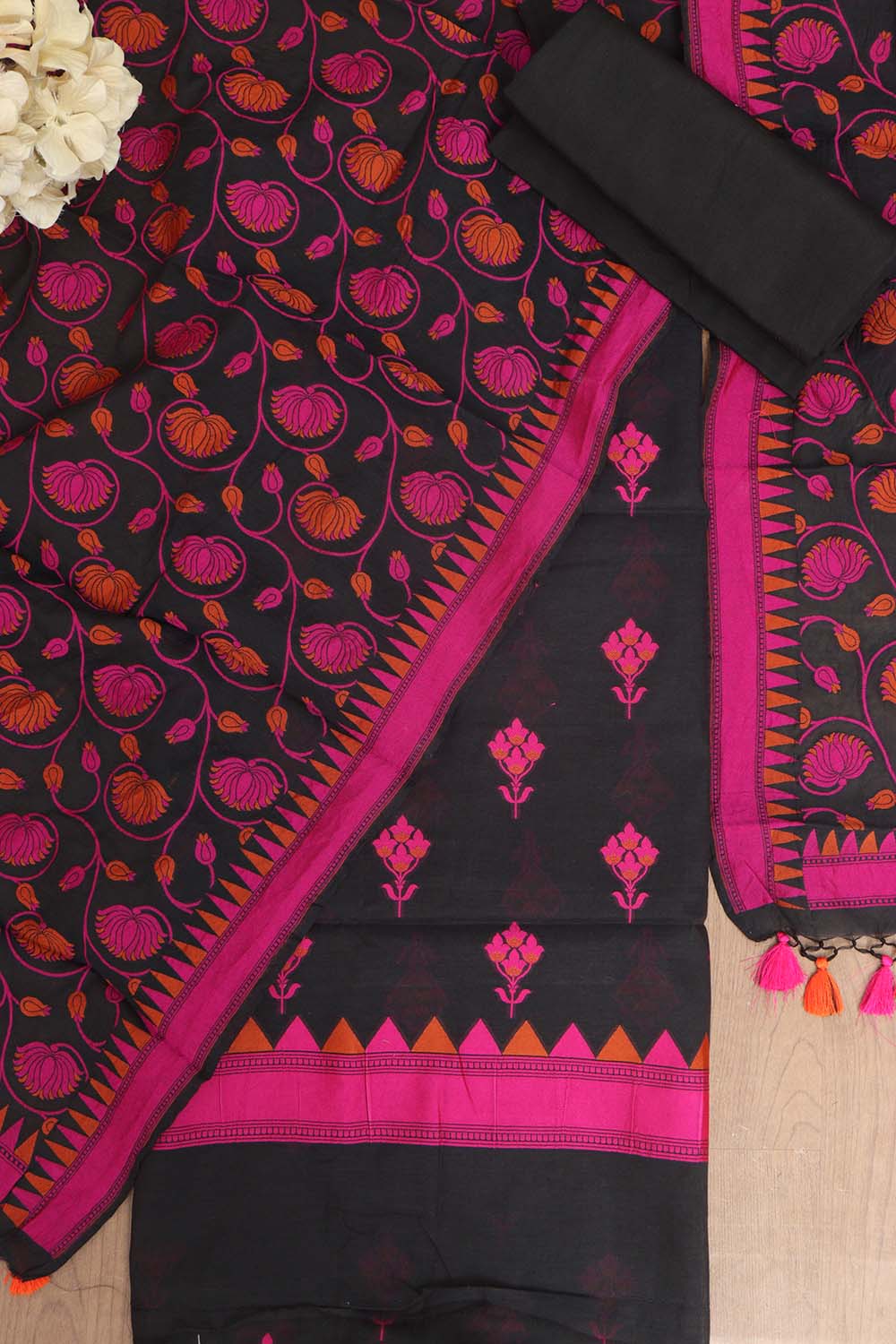Black And Pink Banarasi Cotton Three Piece Flower Design Unstitched Suit Set - Luxurion World