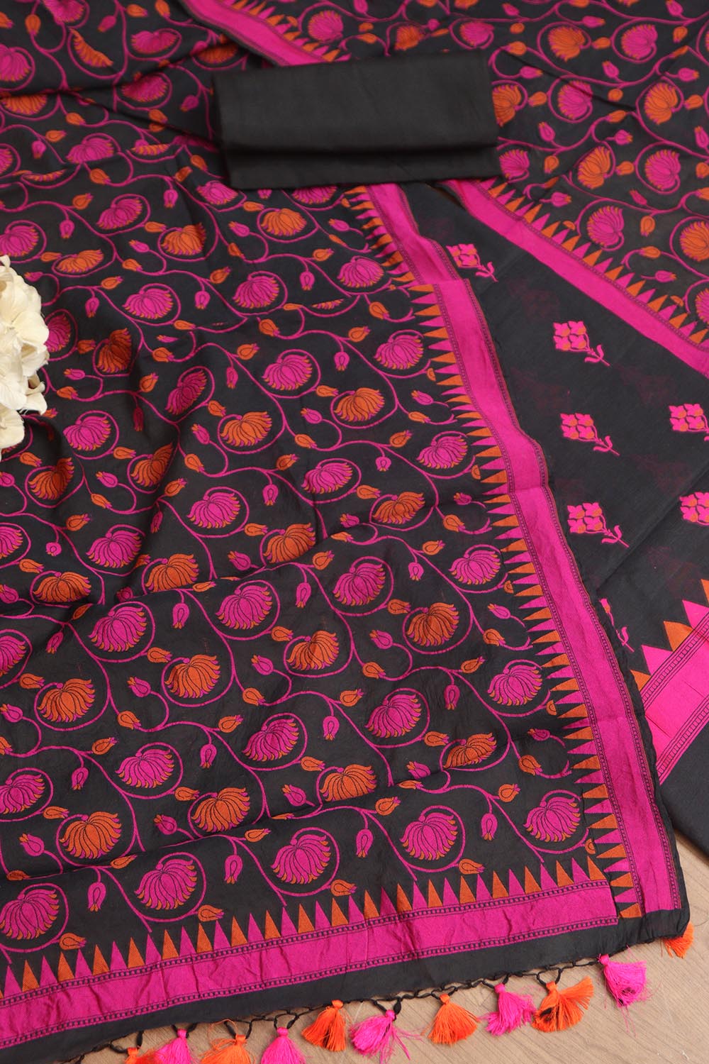 Black And Pink Banarasi Cotton Three Piece Flower Design Unstitched Suit Set - Luxurion World