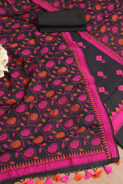 Black And Pink Banarasi Cotton Three Piece Flower Design Unstitched Suit Set - Luxurion World