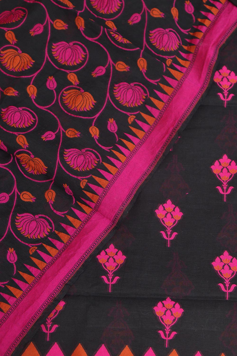 Black And Pink Banarasi Cotton Three Piece Flower Design Unstitched Suit Set - Luxurion World