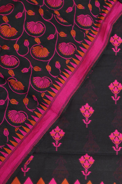 Black And Pink Banarasi Cotton Three Piece Flower Design Unstitched Suit Set - Luxurion World