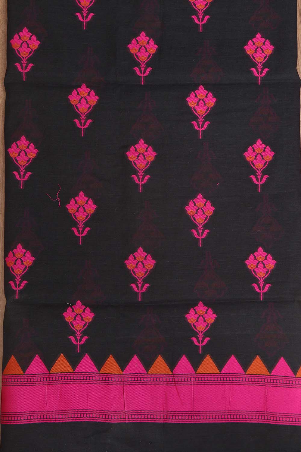 Black And Pink Banarasi Cotton Three Piece Flower Design Unstitched Suit Set - Luxurion World