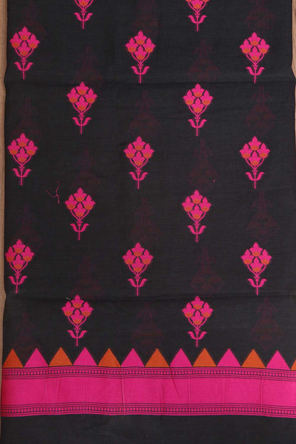 Black And Pink Banarasi Cotton Three Piece Flower Design Unstitched Suit Set - Luxurion World