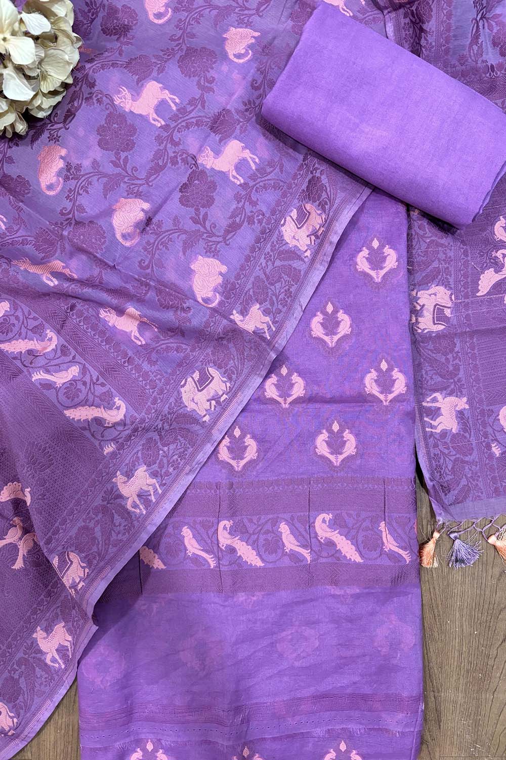 Purple Banarasi Cotton Three Piece Unstitched Suit Animal Design Set - Luxurion World