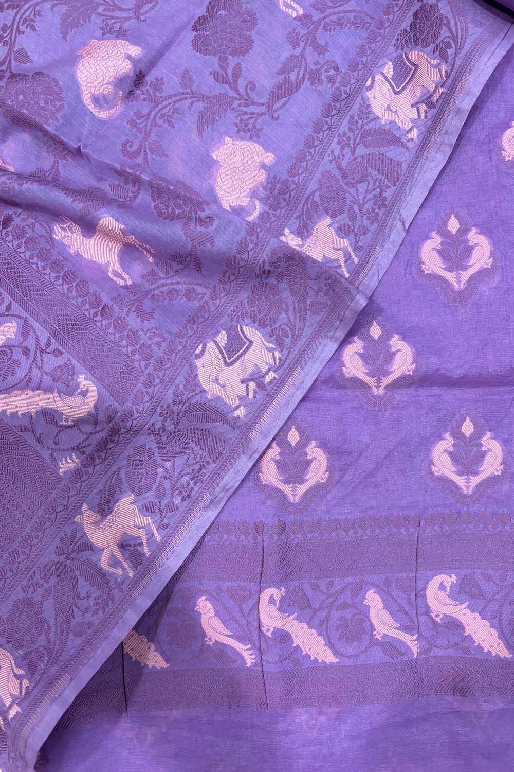 Purple Banarasi Cotton Three Piece Unstitched Suit Animal Design Set - Luxurion World
