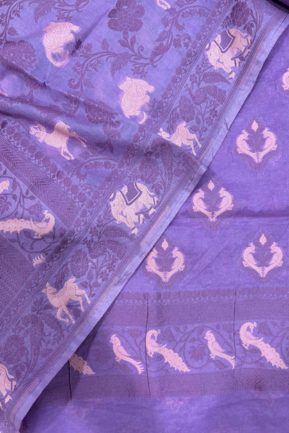 Purple Banarasi Cotton Three Piece Unstitched Suit Animal Design Set - Luxurion World