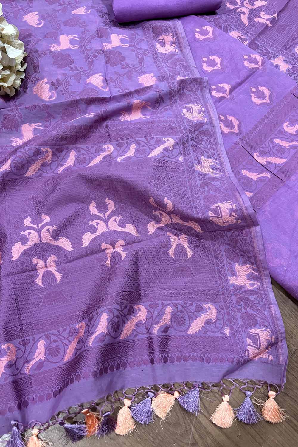 Purple Banarasi Cotton Three Piece Unstitched Suit Animal Design Set - Luxurion World