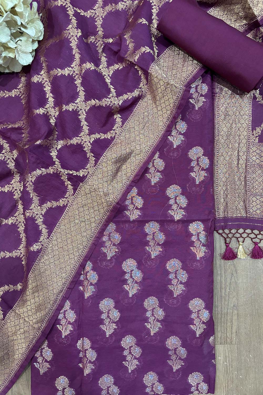 Stunning Purple Banarasi Cotton Three Piece Unstitched Suit Sona Roopa Flower Design Set - Luxurion World