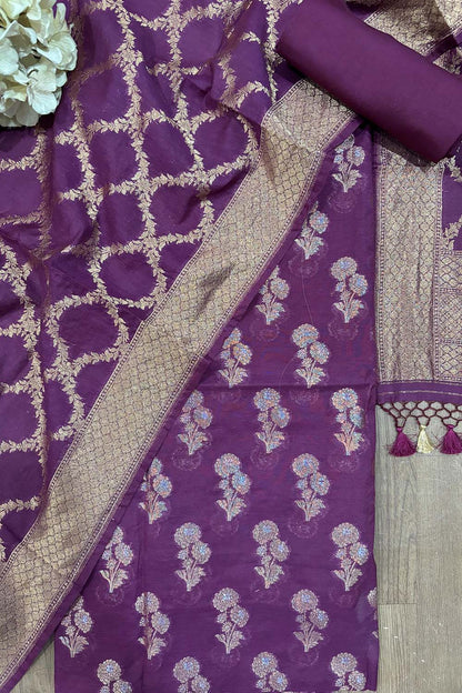Stunning Purple Banarasi Cotton Three Piece Unstitched Suit Sona Roopa Flower Design Set - Luxurion World