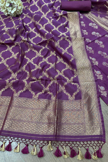 Stunning Purple Banarasi Cotton Three Piece Unstitched Suit Sona Roopa Flower Design Set - Luxurion World