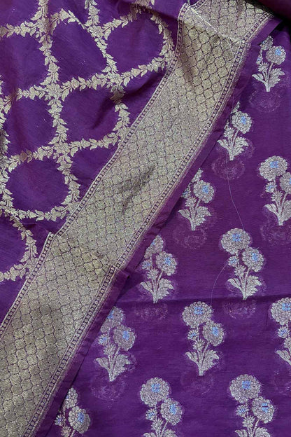 Stunning Purple Banarasi Cotton Three Piece Unstitched Suit Sona Roopa Flower Design Set - Luxurion World