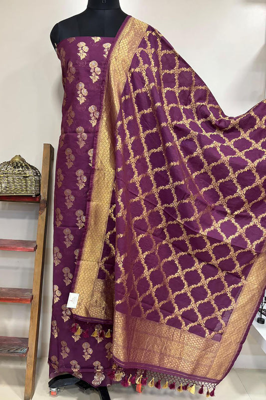Stunning Purple Banarasi Cotton Three Piece Unstitched Suit Sona Roopa Flower Design Set - Luxurion World