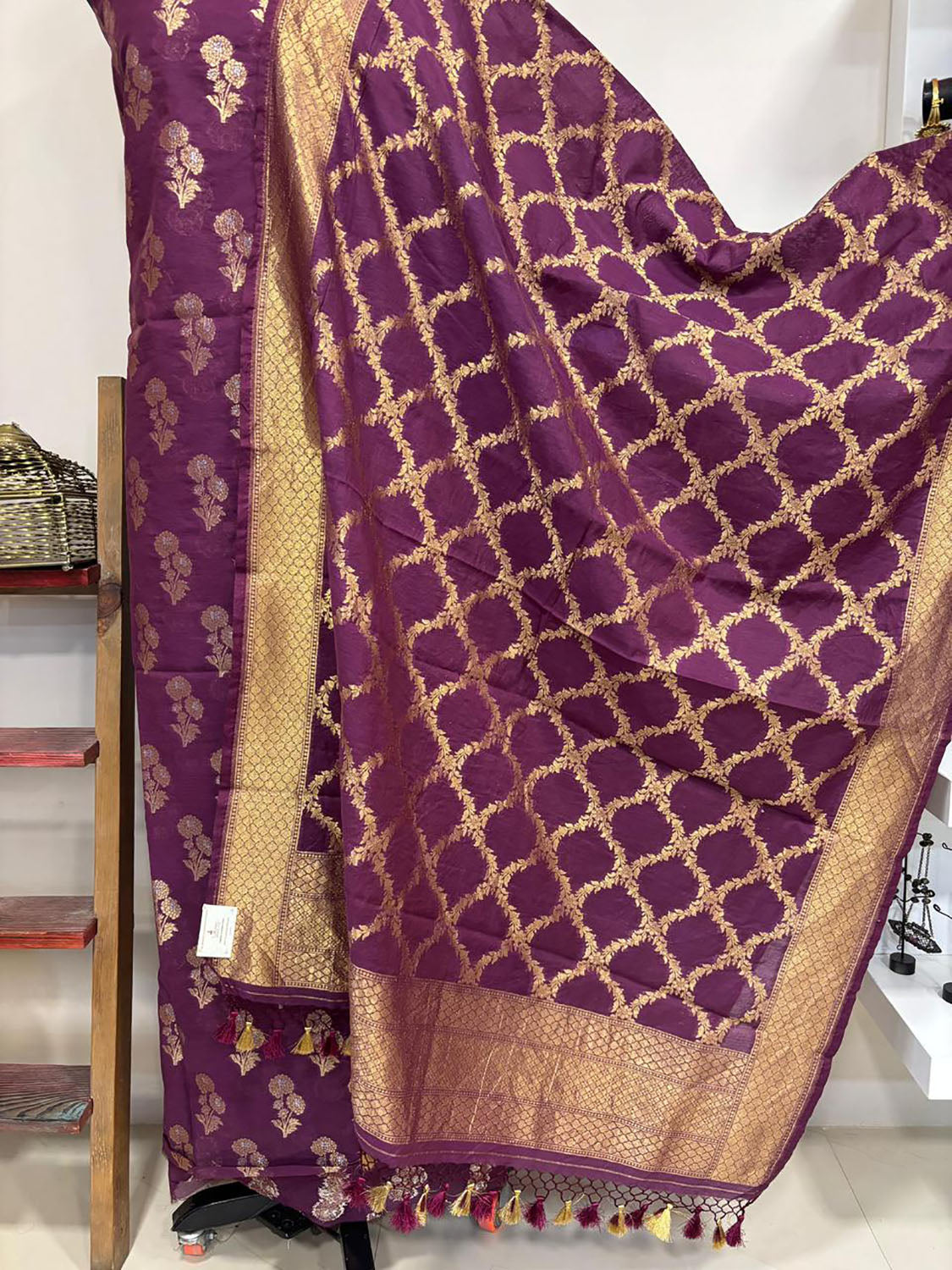 Stunning Purple Banarasi Cotton Three Piece Unstitched Suit Sona Roopa Flower Design Set - Luxurion World