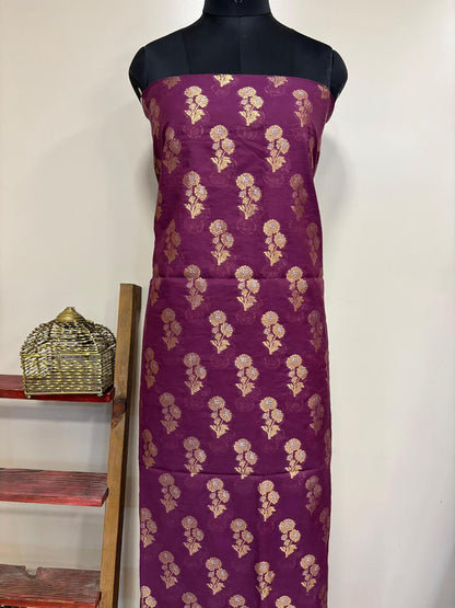 Stunning Purple Banarasi Cotton Three Piece Unstitched Suit Sona Roopa Flower Design Set - Luxurion World