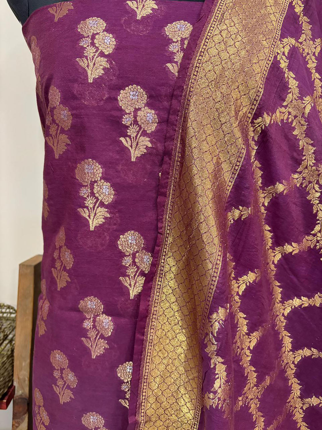 Stunning Purple Banarasi Cotton Three Piece Unstitched Suit Sona Roopa Flower Design Set - Luxurion World