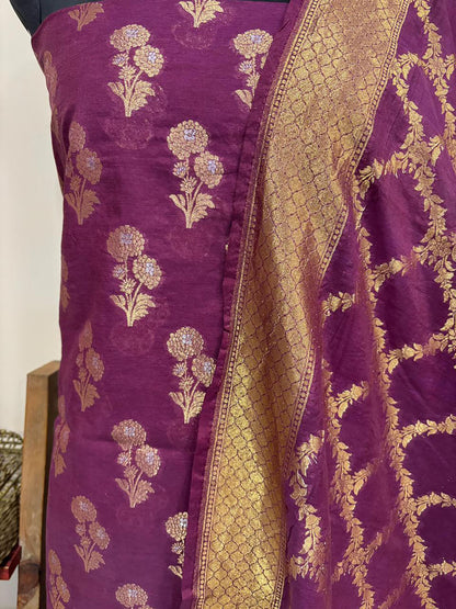 Stunning Purple Banarasi Cotton Three Piece Unstitched Suit Sona Roopa Flower Design Set - Luxurion World