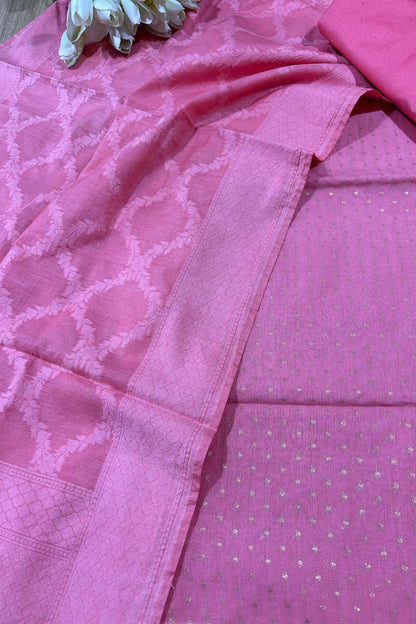 Pink Banarasi Cotton Three Piece Unstitched Suit Set - Luxurion World
