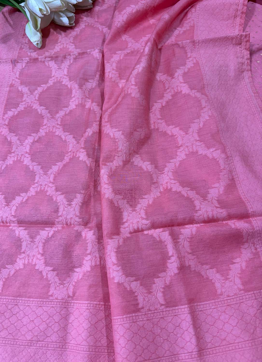 Pink Banarasi Cotton Three Piece Unstitched Suit Set - Luxurion World