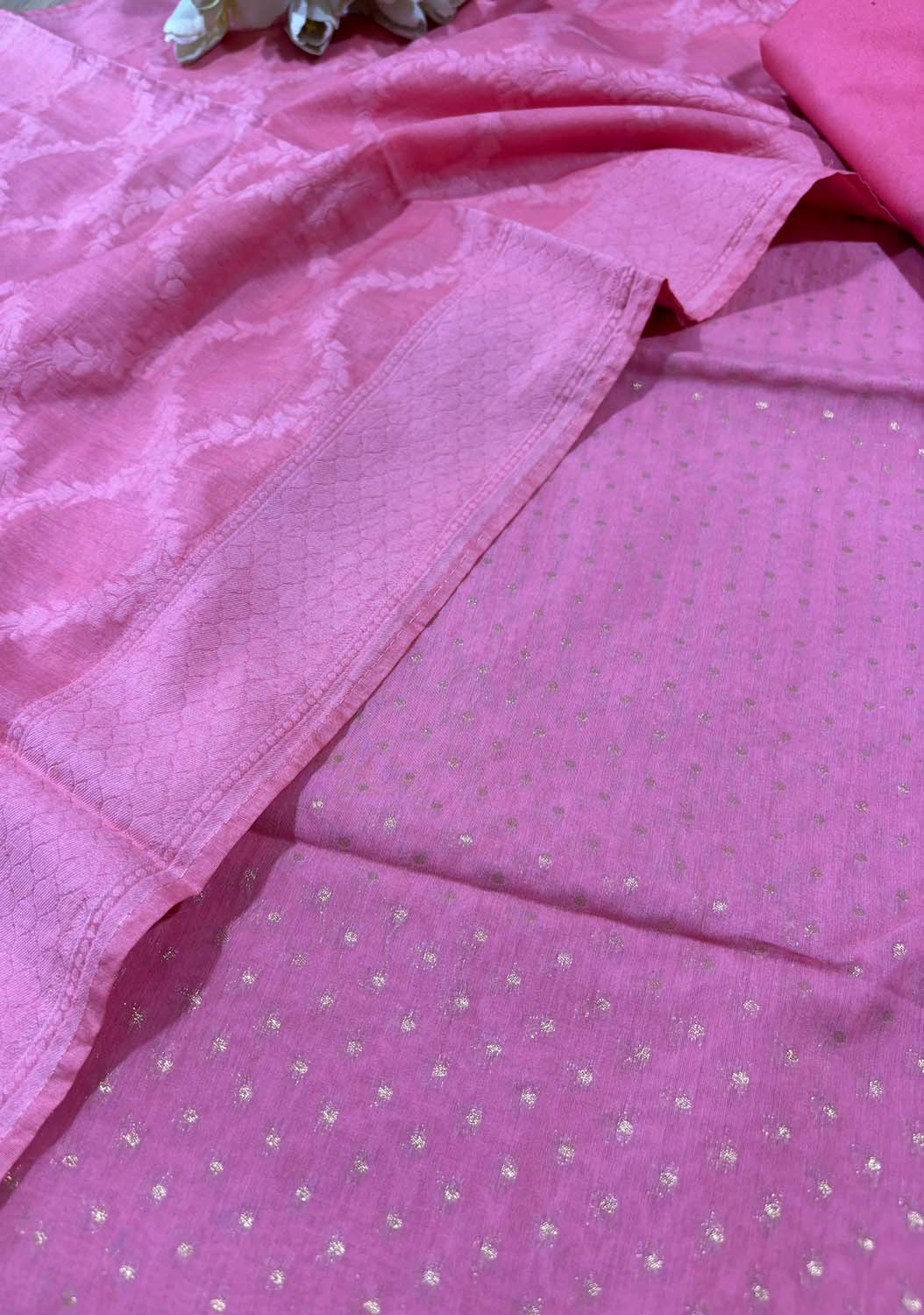 Pink Banarasi Cotton Three Piece Unstitched Suit Set - Luxurion World