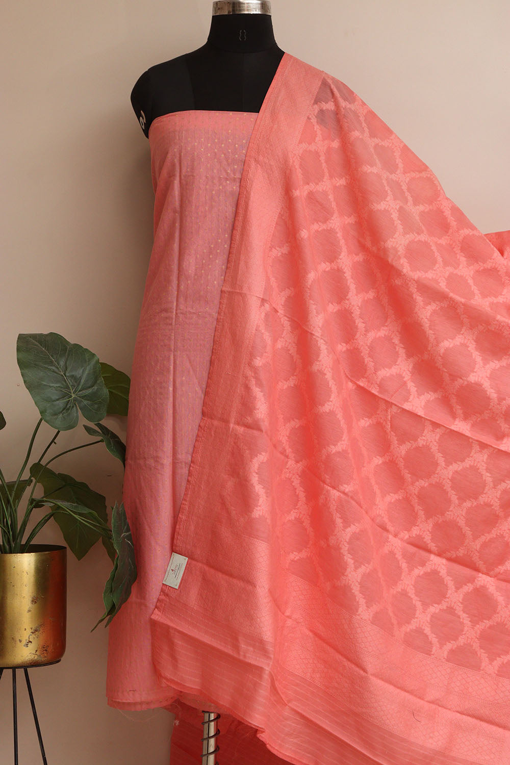 Pink Banarasi Cotton Three Piece Unstitched Suit Set - Luxurion World