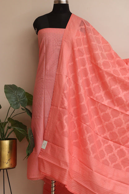 Pink Banarasi Cotton Three Piece Unstitched Suit Set - Luxurion World