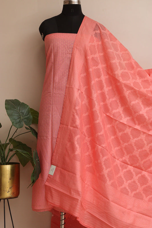 Pink Banarasi Cotton Three Piece Unstitched Suit Set - Luxurion World