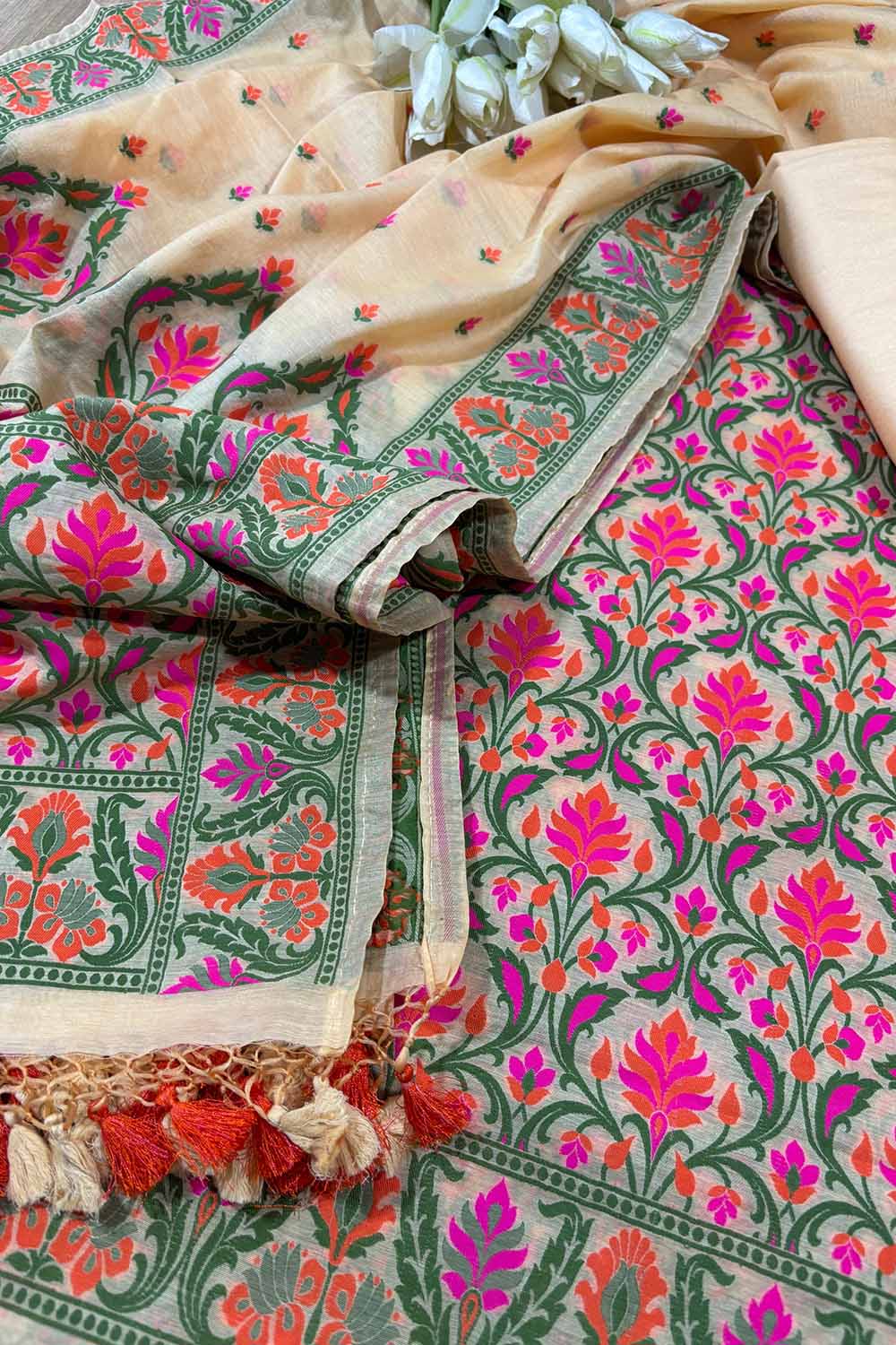 Pastel Banarasi Cotton Three Piece Meenakari Unstitched Suit Set - Luxurion World