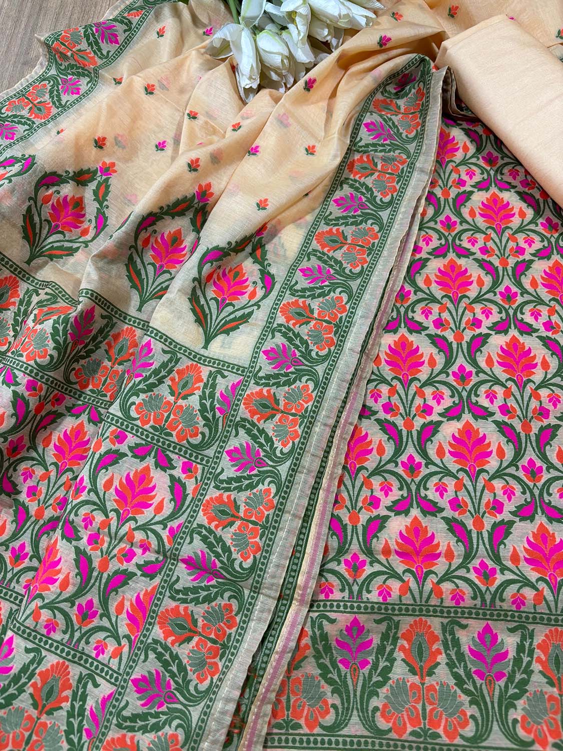 Pastel Banarasi Cotton Three Piece Meenakari Unstitched Suit Set - Luxurion World