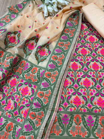 Pastel Banarasi Cotton Three Piece Meenakari Unstitched Suit Set - Luxurion World