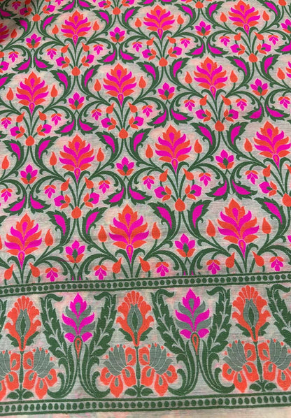 Pastel Banarasi Cotton Three Piece Meenakari Unstitched Suit Set - Luxurion World