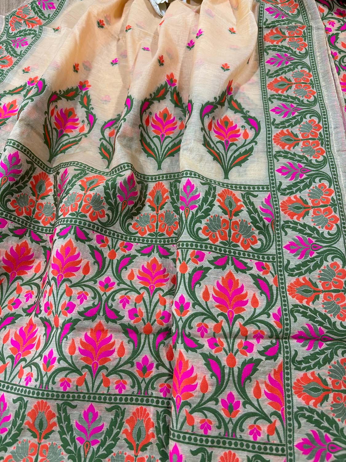 Pastel Banarasi Cotton Three Piece Meenakari Unstitched Suit Set - Luxurion World