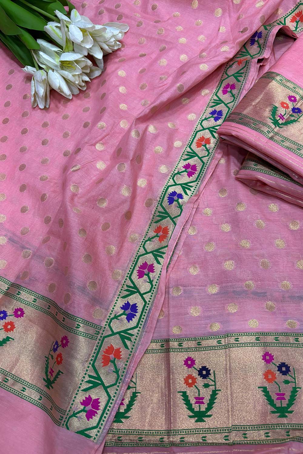 Peachish Pink Banarasi Paithani Cotton Three Piece Unstitched Suit Set - Luxurion World