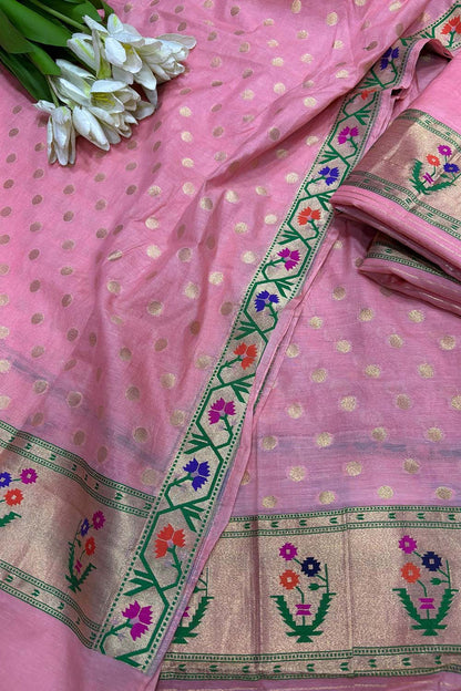 Peachish Pink Banarasi Paithani Cotton Three Piece Unstitched Suit Set - Luxurion World