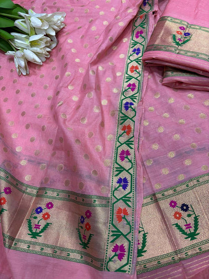 Peachish Pink Banarasi Paithani Cotton Three Piece Unstitched Suit Set - Luxurion World