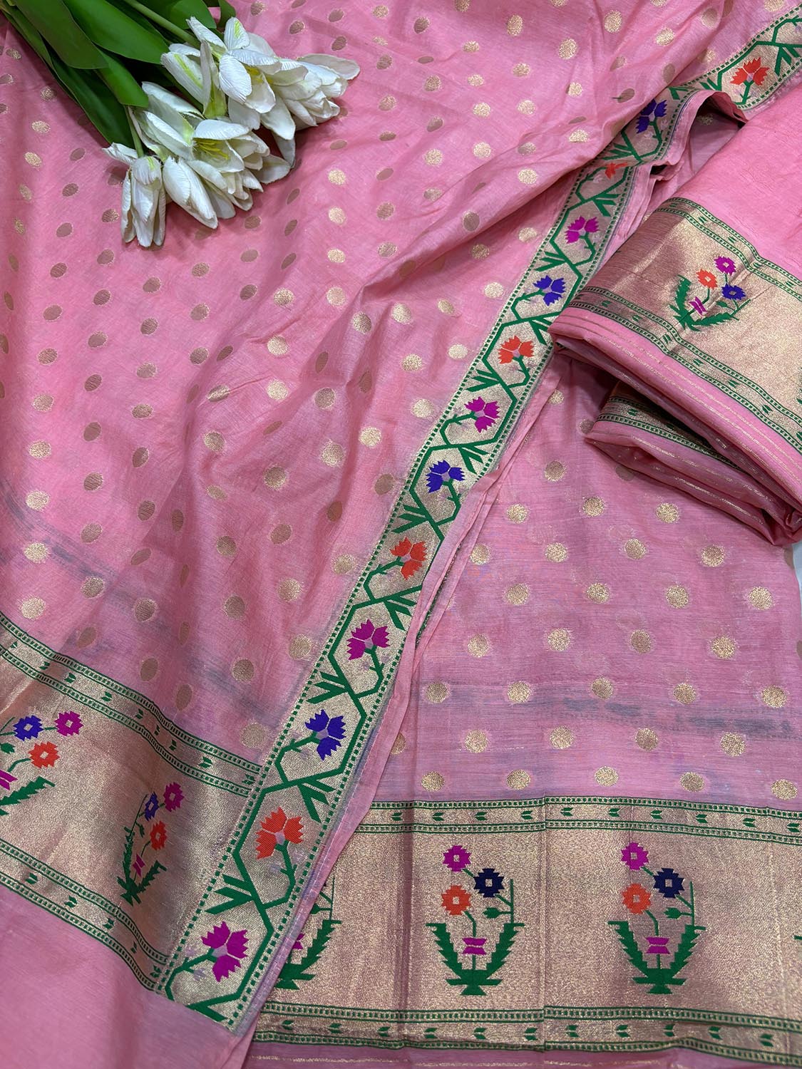 Peachish Pink Banarasi Paithani Cotton Three Piece Unstitched Suit Set - Luxurion World