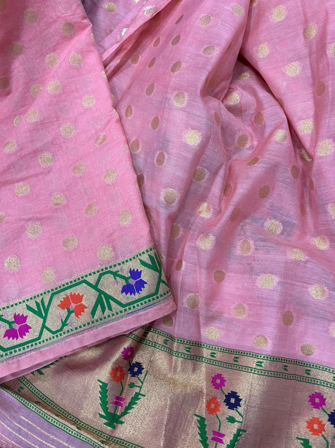 Peachish Pink Banarasi Paithani Cotton Three Piece Unstitched Suit Set - Luxurion World