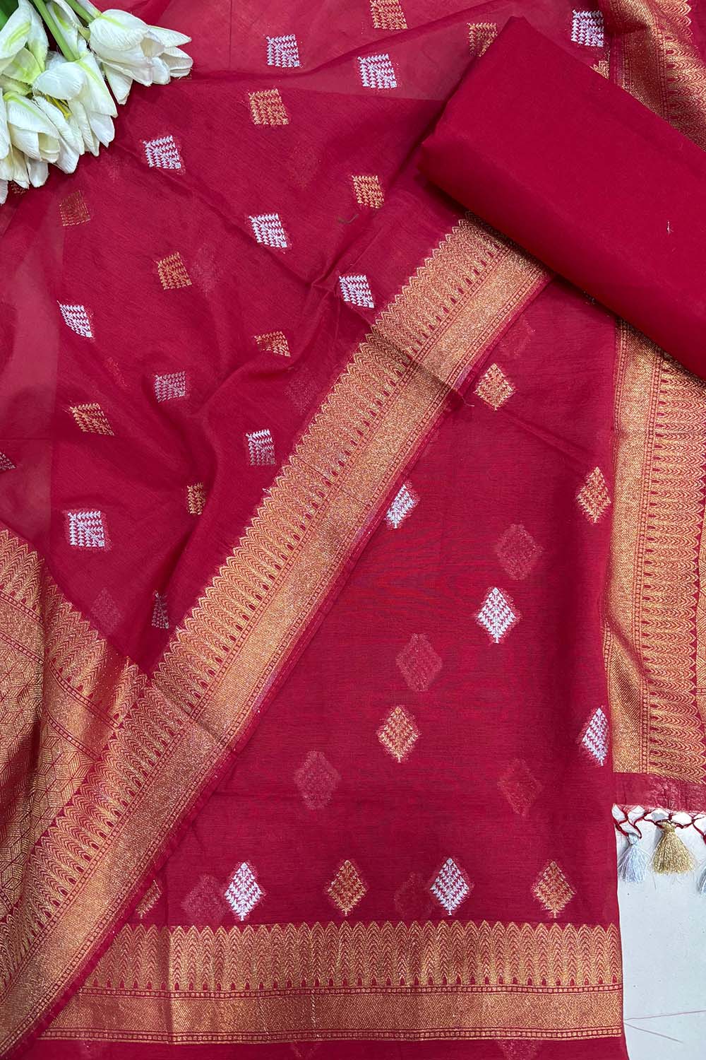 Red Banarasi Premium Cotton Three Piece Unstitched Suit Set - Luxurion World