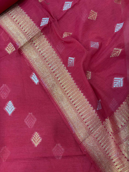 Red Banarasi Premium Cotton Three Piece Unstitched Suit Set - Luxurion World