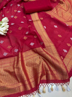 Red Banarasi Premium Cotton Three Piece Unstitched Suit Set - Luxurion World