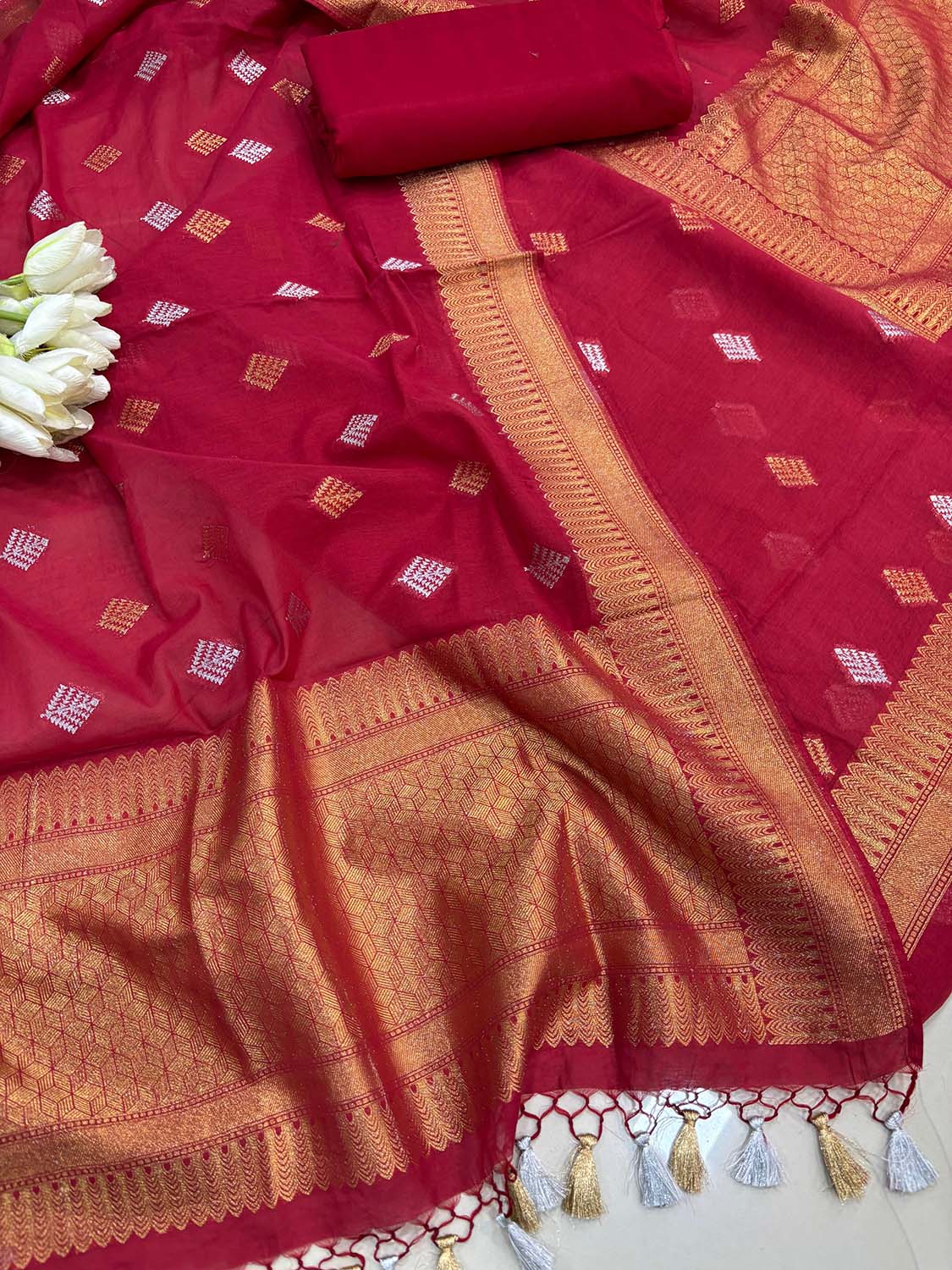 Red Banarasi Premium Cotton Three Piece Unstitched Suit Set - Luxurion World