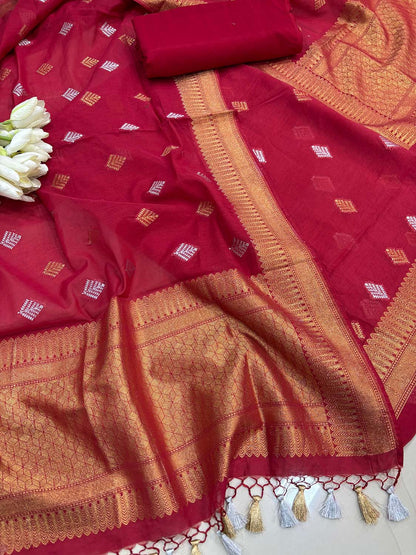 Red Banarasi Premium Cotton Three Piece Unstitched Suit Set - Luxurion World