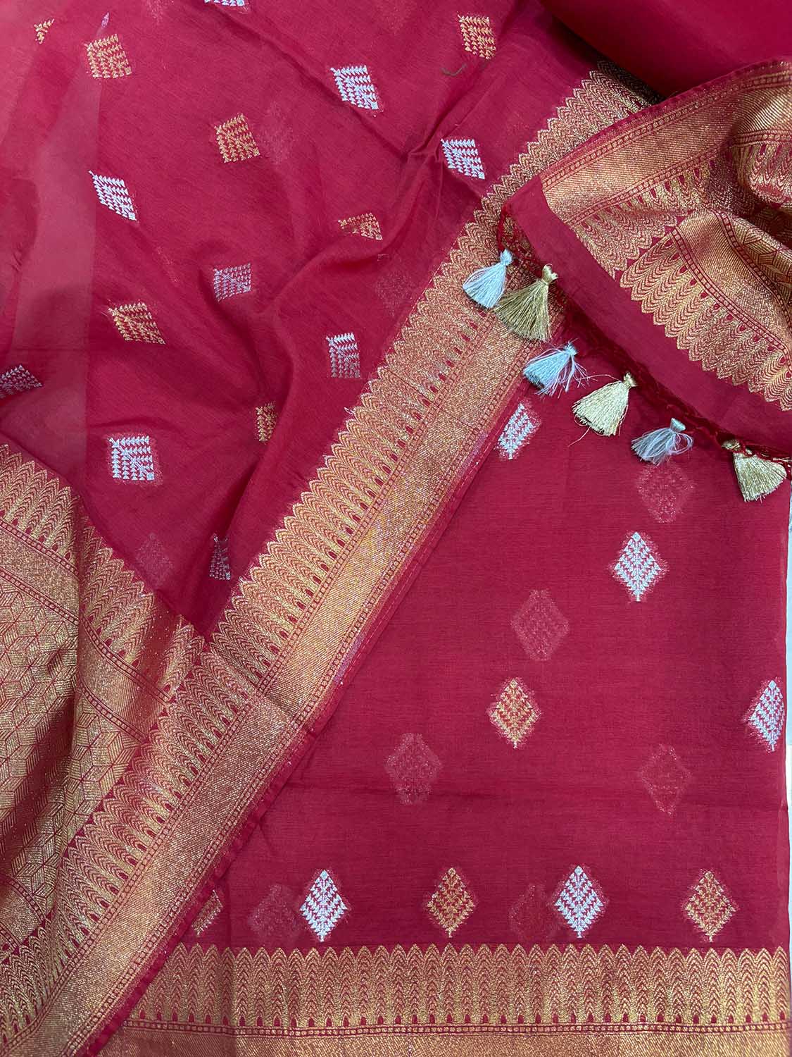 Red Banarasi Premium Cotton Three Piece Unstitched Suit Set - Luxurion World