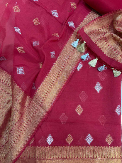 Red Banarasi Premium Cotton Three Piece Unstitched Suit Set - Luxurion World