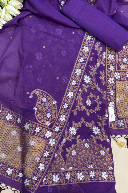 Purple Banarasi Premium Cotton Three Piece Unstitched Sona Roopa Flower Design Suit Set - Luxurion World