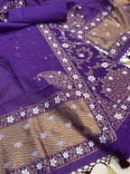Purple Banarasi Premium Cotton Three Piece Unstitched Sona Roopa Flower Design Suit Set - Luxurion World