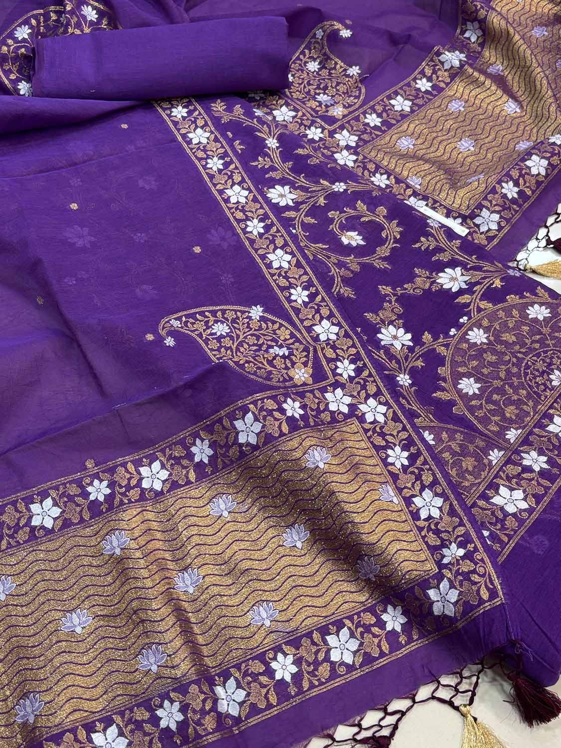 Purple Banarasi Premium Cotton Three Piece Unstitched Sona Roopa Flower Design Suit Set - Luxurion World