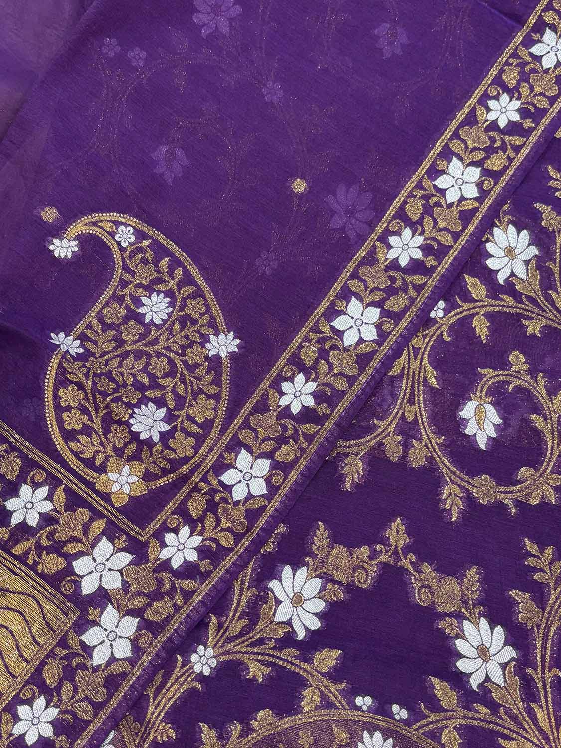 Purple Banarasi Premium Cotton Three Piece Unstitched Sona Roopa Flower Design Suit Set - Luxurion World